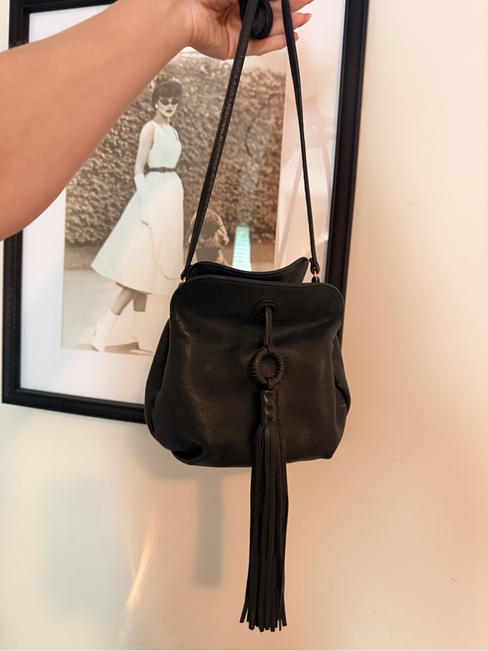 HOBO Black Leather Shoulder Bag with Tassel